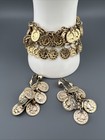 Vintage Coin Multi Strand Bracelet Earrings Set Costume Dangle Charm Gold Tone
