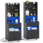 Tall Night Stand With Led Lights  Black Nightstand With 3 Drawers For Bedroom