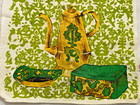Vtg Retro Mcm 70 s Cotton Kitchen Dish Towel Avocado Green And Gold Coffee Pot
