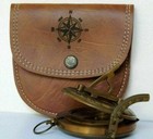 Nautical Brass Sundial Pocket Compass With Leather Case Vintage Gift 