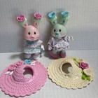 Kidsview Tea Bunnies Set Of 2 Sweetheart Rose   Iris Bouquet W hats Vintage