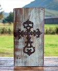 Rustic Cast Iron Cross Wall Decor On Distressed Teal Wood Board 17    X 9   