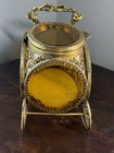Vintage Ormolu Filigree Carriage Jewelry Trinket Box Casket Amber Beveled Glass