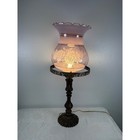 Vintage Pink Frosted Glass Hurricane Lamp Etched Rose Ruffled Shade Bronze Base