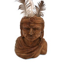 Hand Carved Atahualpa Bust Wood Sculpture With Feathers Tribal Art