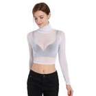Lady Sheer Mesh See Through Long Sleeve T-shirt Blouse Crop Tops High Neck Slim