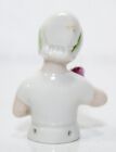 Antique German Porcelain Art Deco Girl Pin Cushion Half Doll With Pink Rose