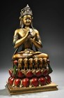 9 8  Old Tibet Pure Bronze Gilt Painting Buddhism Maitreya Buddha Lion Statue