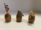 6 Vintage Miniature Celluloid Musicians Sitting On Wooden Barrels Japan