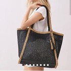 Stylin   Two Tone Woven Straw Tote Bag Brown