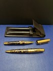 Vtg Cutter buck Pen Set Gold Marble Tortoise Finish Genuine Leather Pouch Case