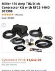 Miller 150a Tig stick Contractor Kit Rfcs-14hd Foot Control Wired 301309