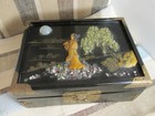 Vintage  Chinese Black Lacquer Jewelry Box Hand Carved Stone Geisha Moon Tree
