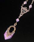 Vintage Necklace Art Deco Brass Lavalier Pendant Antique Pink Czech Glass Drop