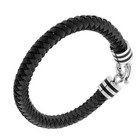 Stainless Steel Black Leather Silver-tone Wristband Mens Bracelet With Clasp