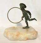 Vintage Signed Bronze Sculpture Boy Playing With Hoop On Agate Base