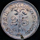 25 Cents 1893  sinhala  Crowned Bust Of Queen Victoria Sri Lanka Ceylon Unc   