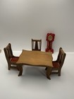Dollhouse Miniature Wooden Kitchen Dining Room Table   Red Clock and 3 Chairs