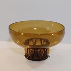 Mid Century Caged Amber Glass Centerpiece Bowl Vintage Handmade