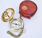 Vintage Pocket Sundial Nautical Polish Brass Compass With Antique Leather Case