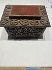 Unusual Antique Tramp Art Wood Box  Folk Art Sewing Walnut Shell  Old