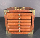 Vintage Coaster Set Teak Wood Brass Tone 6 Coasters Holder Mcm Mid Century