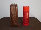 Vintage Picnic 12  Plastic 1 Qt Red Aladdin Thermos In Travel Bag