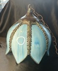 Vintage Mid Century Slag Glass Tulip Hanging Lamp Shade Blue 8 Panels Read