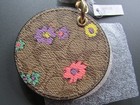 Coach Sig Flowers Circular Mirror Purse Key Ring Fob Bag Charm Khaki New  68
