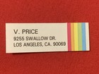 Vincent Price Return Address Label Purchased From Vincent Price Estate 3c