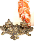 Vtg Antique Ornate Footed Victorian Brass Double Inkwell - Art Nouveau Style