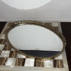 Vtg  Mirror Vanity Tray Perfume Makeup Trinket Oval Gold Fan Hollywood Regency