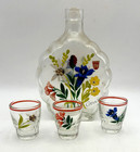 Vintage Hand Painted Floral Glass Decanter   3 Shot Glass Set Red Rim Barware