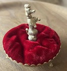 Vintage Poodle Red Velvet Pin Cushion Unknown Metal Nice Cond  3  X 3 25 