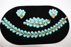 Vintage Crown Trifari Gold Tone Faux Turquoise 3 Piece Bracelet Pin Earrings