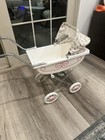 Vtg 1970s Doll Pram Carriage White Plastic Pink Scroll Floral Canopy Stroller