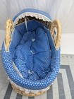 Doll Size Moses Basket Bed 17 Inch Long Blue Polka Dot Cover Set