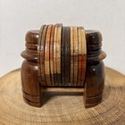 Vintage Mid Century Modern Handmade Mixed Wood 6 Coaster Set With Caddy