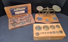 Antique Brass Bronze Balance Scale With 13 Brass Weights In Wood Block