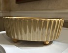 Hull Vintage Pottery Olive Green Ribbed Oval Planter Trimmed In 23 Crt Gold