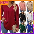 Womens V Neck Plain T Shirt Blouse Ladies Long Sleeve Casual Loose Pullover Tops