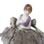 Antique German Porcelain Half Doll Pin Cushion Seated Lady Lavender Brow Hair