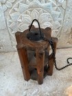 Vintage Old Wooden Round Hand Carved Iron Chain Ceiling Hanging Light Lamp