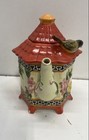 Ceramic Pagoda Teapot Crane And Floral Design Bamboo Style Handle Vintage