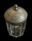 Antique Glass Etched Pickle Jar W  Lid Floral Pewter Octagon Victorian Era