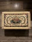 Vintage Woven Wicker Sewing Basket Box With Tapestry Floral Hinged Lid