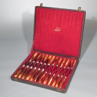 Antique Or Vintage French Dinner   Dessert Knives Horn Handles Silver Collars