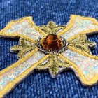 Cross Applique Patch Embroidered Shimmery Fabric   Acrylic Jewel Christian Badge