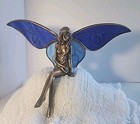 Vtg Blue Stained Glass 6  Sitting Fairy Tinker Bell Pixie Figurine Sculpture 