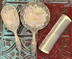  vintage Silver Plated Ornate Vanity Set Hand Mirror Hair Brush And Comb Heavy 